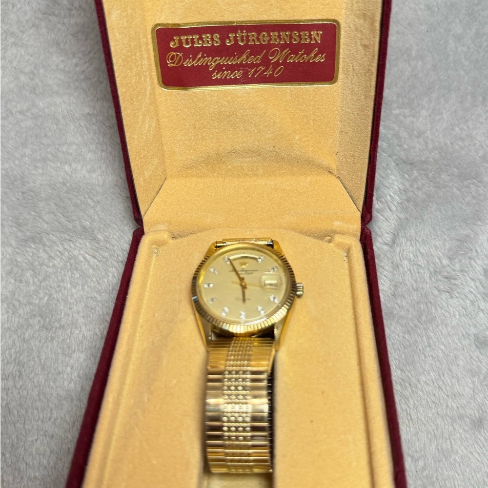 Vintage Jules Jurgensen 6482 Gold Plated Accent Diamond President Style W Box.
